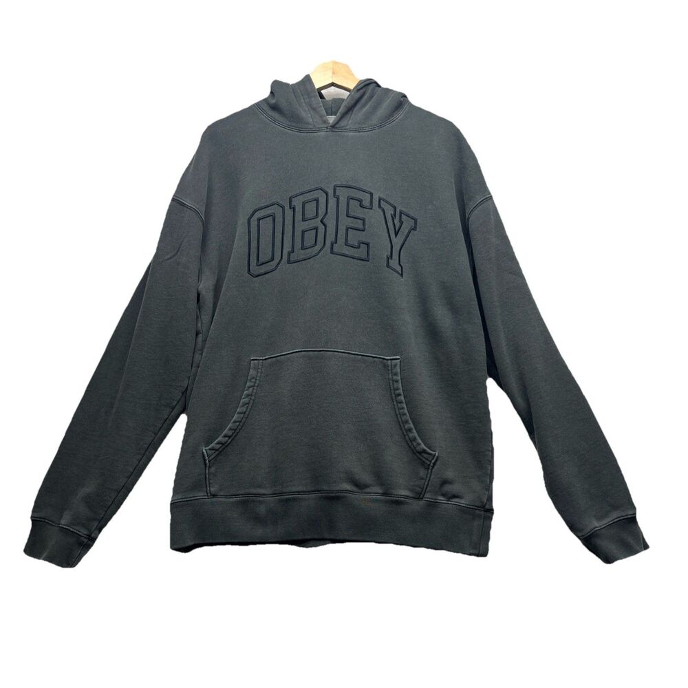 OBEY Hoodie Mens Sz S Charcoal Gray 2K Chest Box Logo Hooded Pullover Sweatshirt